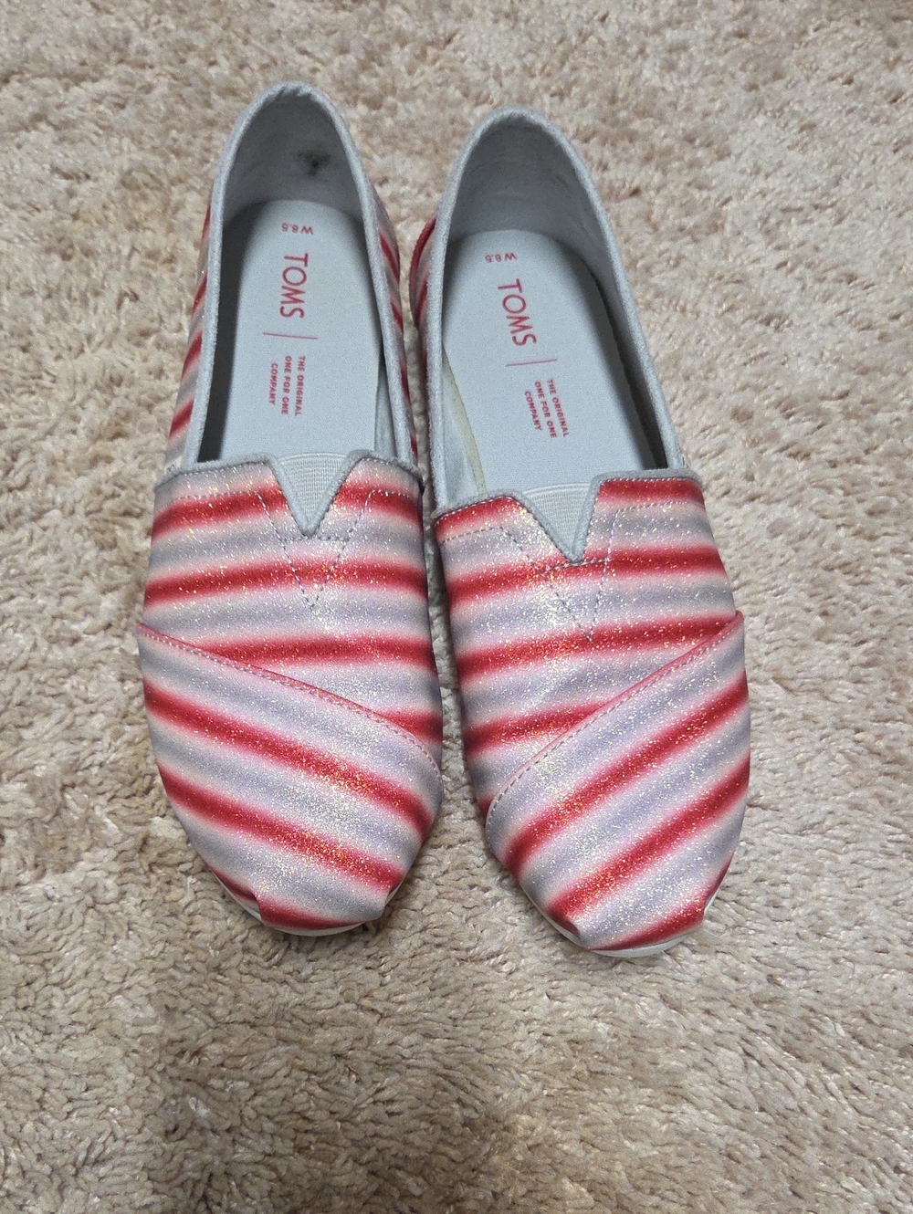 TOMS Striped Slip-On Flats in Red and Silver Glitter
